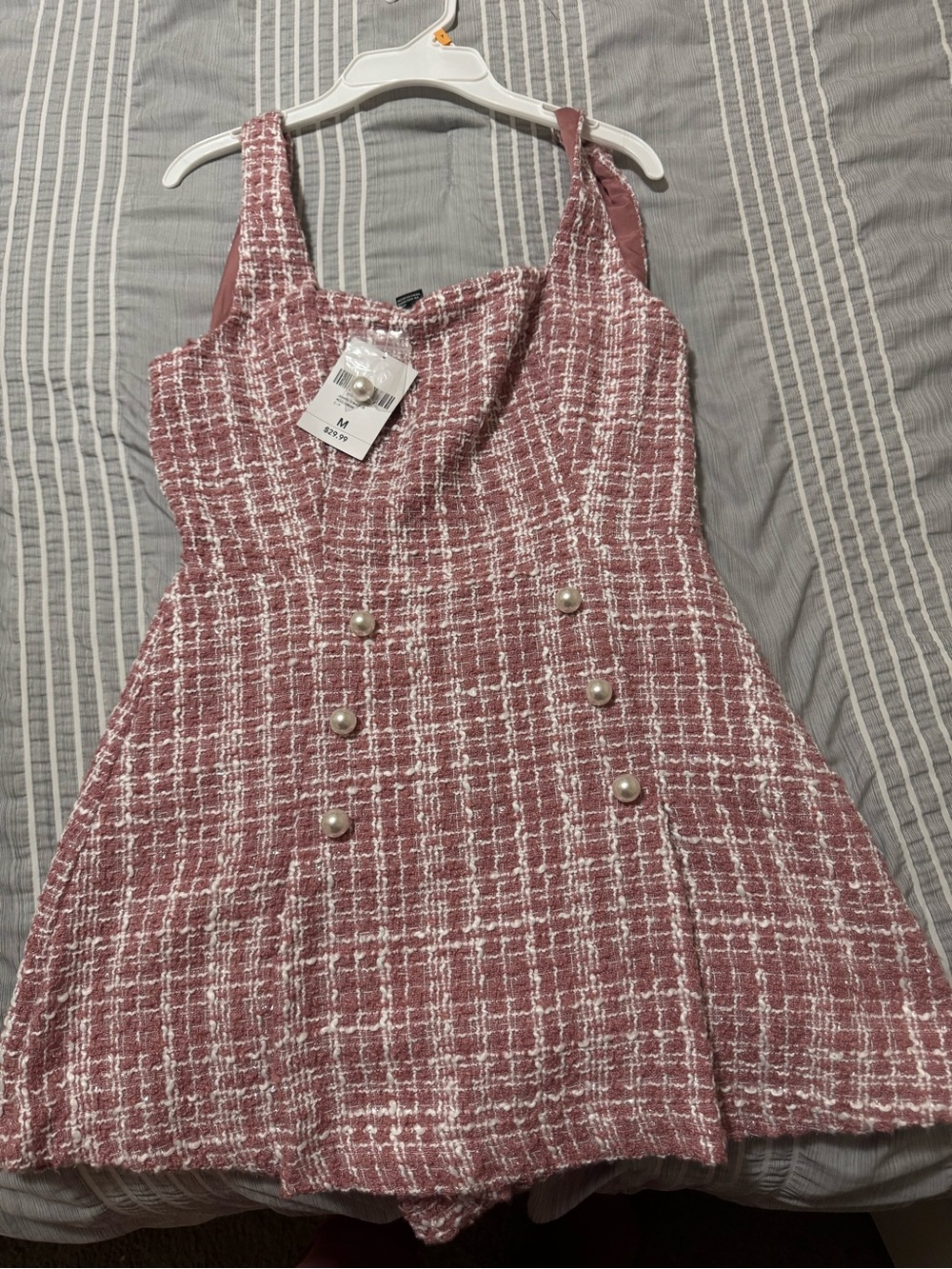 Forever 21 Pink and White Tweed Pearl-Button Mini Dress